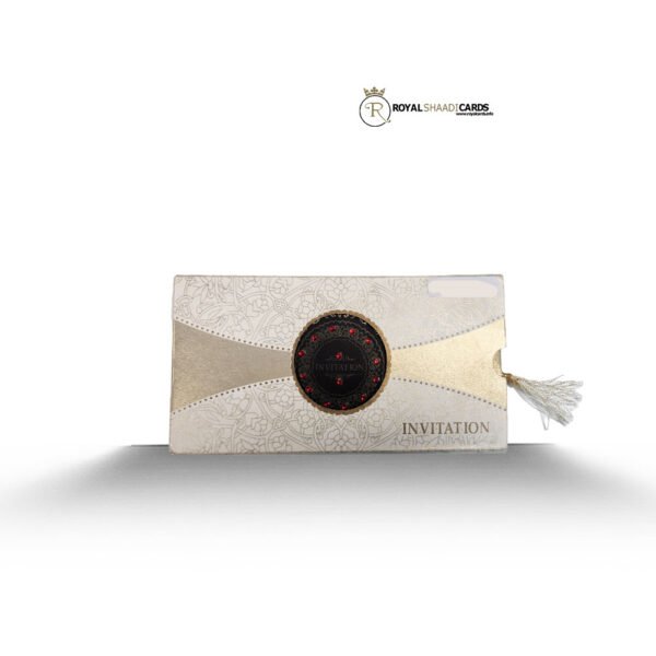 off-white and gold ribbon wedding card