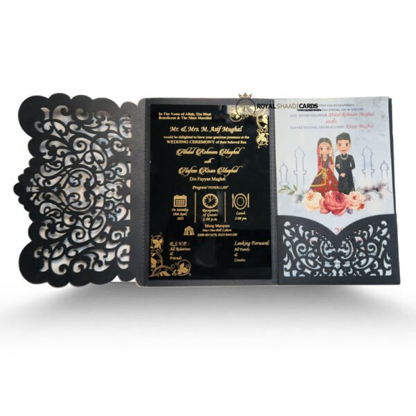 black gold asian wedding shaadi card