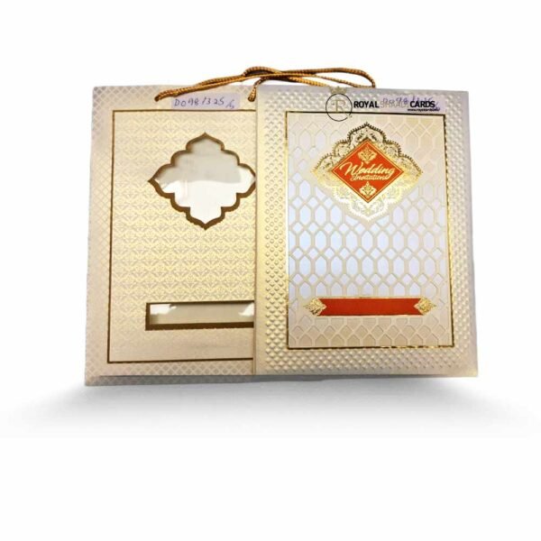 gold and red bag wedding card