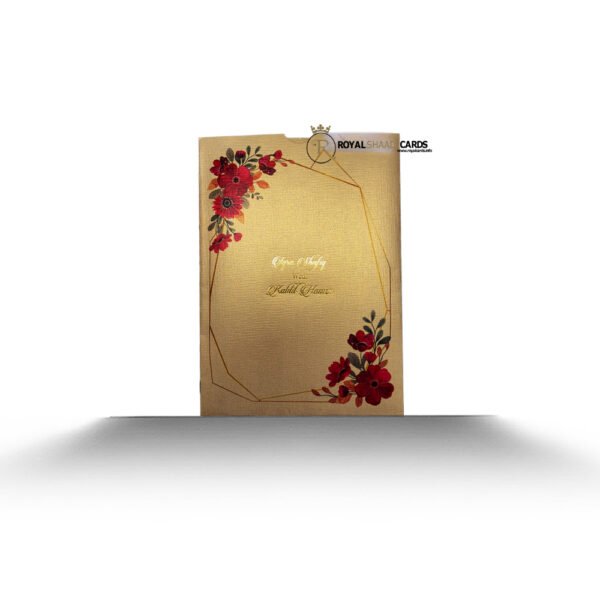 Gold wedding card with red flowers
