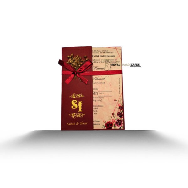 Red shaadi card with ribbon and flowers